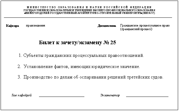 Подпись: МИНИСТЕРСТВО ОБРАЗОВАНИЯ И НАУКИ РОССИЙСКОЙ ФЕДЕРАЦИИ
ГОСУДАРСТВЕННОЕ ОБРАЗОВАТЕЛЬНОЕ УЧРЕЖДЕНИЕ ВЫСШЕГО ПРОФЕССИОНАЛЬНОГО ОБРАЗОВАНИЯ
«НИЖЕГОРОДСКИЙ ГОСУДАРСТВЕННЫЙ АРХИТЕКТУРНО-СТРОИТЕЛЬНЫЙ УНИВЕРСИТЕТ»(ННГАСУ)
________________________________________________________________________________________________________
Кафедра правоведения Дисциплина Гражданское процессуальное право
(гражданский процесс)
Билет к зачету/экзамену № 25
1. Субъекты гражданских процессуальных правоотношений.
2. Установление фактов, имеющих юридическое значение.
3. Производство по делам об оспаривании решений третейских судов.
Зав. кафедрой ____________________________ Экзаменатор __________________________