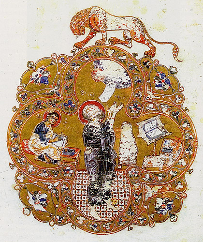 Остромирово Евангелие (РНБ. F.п.I.5). Евангелист Иоанн с Прохором