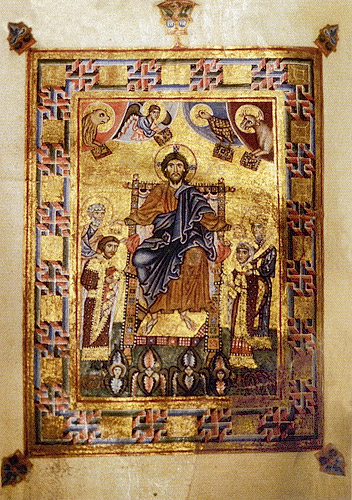 Молитвенник Гертруды (Чивидале, Италия. Cod. CXXXVI). Христос на троне, коронующий князя Ярополка и его жену Ирину