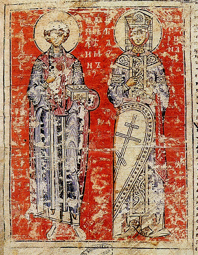 Пантелеймоново Евангелие (РНБ. Соф. 1). Святые великомученики Пантелеимон и Екатерина