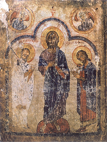 на Евангелие (РНБ. Погод. 70). Иисус Христос, святитель Григорий Двоеслов и мученик Евстафий Плакида