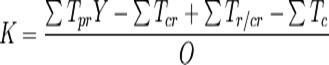 K=frac{sum{}^{}T_{pr}Y-sum{}^{}T_{cr}+sum{}^{}T_{r/cr}-sum{}^{}T_{c}}{O}