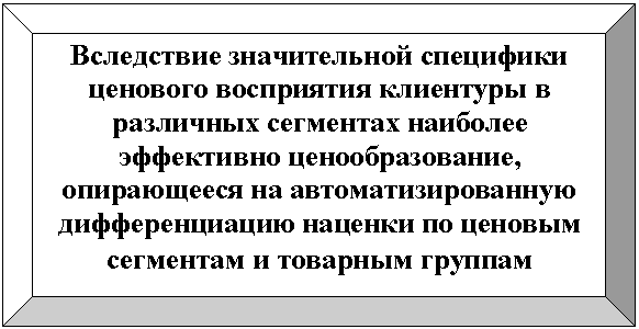 Багетная рамка: Вследствие значительной специфики ценового восприятия клиентуры в различных сегментах наиболее эффективно ценообразование, опирающееся на автоматизированную дифференциацию наценки по ценовым сегментам и товарным группам